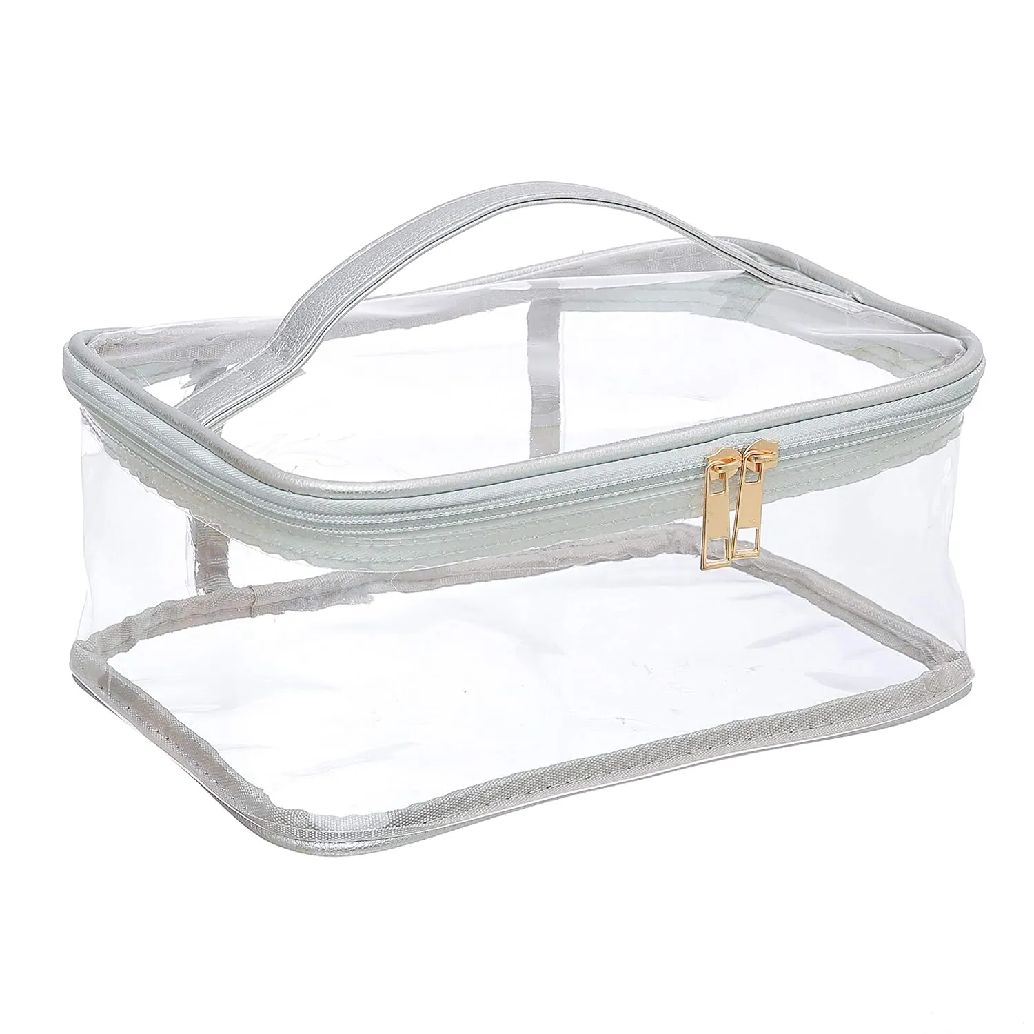 Large Cosmetic Bag for Women / Clear, See-Through Makeup, Hair & Nail Accessories Pouch for Travel or Home / Transparent PVC Plastic Organizer, Spacious Interior, Handle & Double Zippers (Silver)