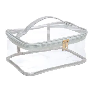 Large Cosmetic Bag for Women / Clear, See-Through Makeup, Hair & Nail Accessories Pouch for Travel or Home / Transparent PVC Plastic Organizer, Spacious Interior, Handle & Double Zippers (Silver)
