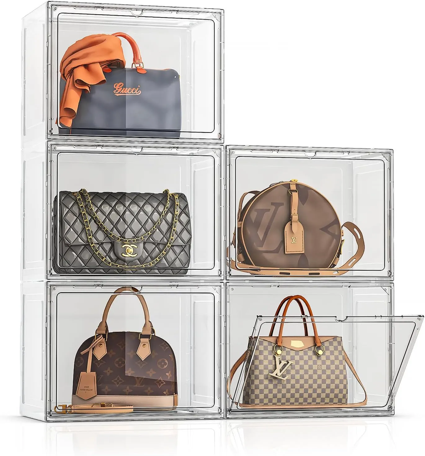 Large Purse Organizer for Closet, 5 Pack Handbag Purse Storage Organizer, Clear Display Case with Magnetic Door, Bag Organizer, Plastic Storage Bins for Collectibles, Books, Toys, Cosmetic, White