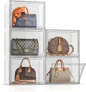 Large Purse Organizer for Closet, 5 Pack Handbag Purse Storage Organizer, Clear Display Case with Magnetic Door, Bag Organizer, Plastic Storage Bins for Collectibles, Books, Toys, Cosmetic, White