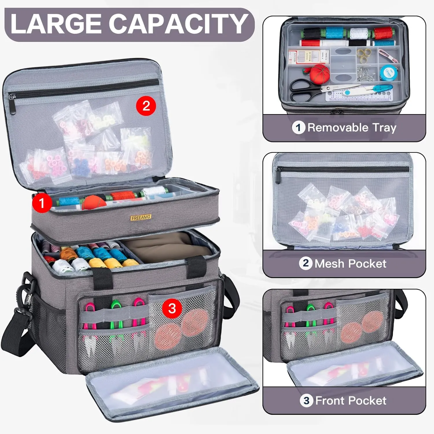 Large Sewing Organizer Bag with Removable Tray, Water-Resistant Double-Layer Sewing Basket for Supplies Accessories with Handle and Adjustable Shoulder Strap, Grey (Bag Only)