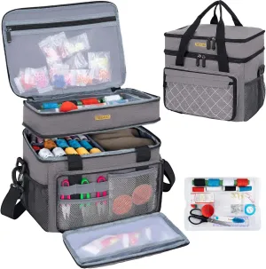 Large Sewing Organizer Bag with Removable Tray, Water-Resistant Double-Layer Sewing Basket for Supplies Accessories with Handle and Adjustable Shoulder Strap, Grey (Bag Only)
