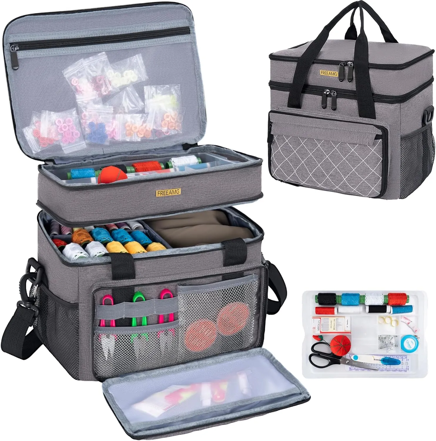 Large Sewing Organizer Bag with Removable Tray, Water-Resistant Double-Layer Sewing Basket for Supplies Accessories with Handle and Adjustable Shoulder Strap, Grey (Bag Only)