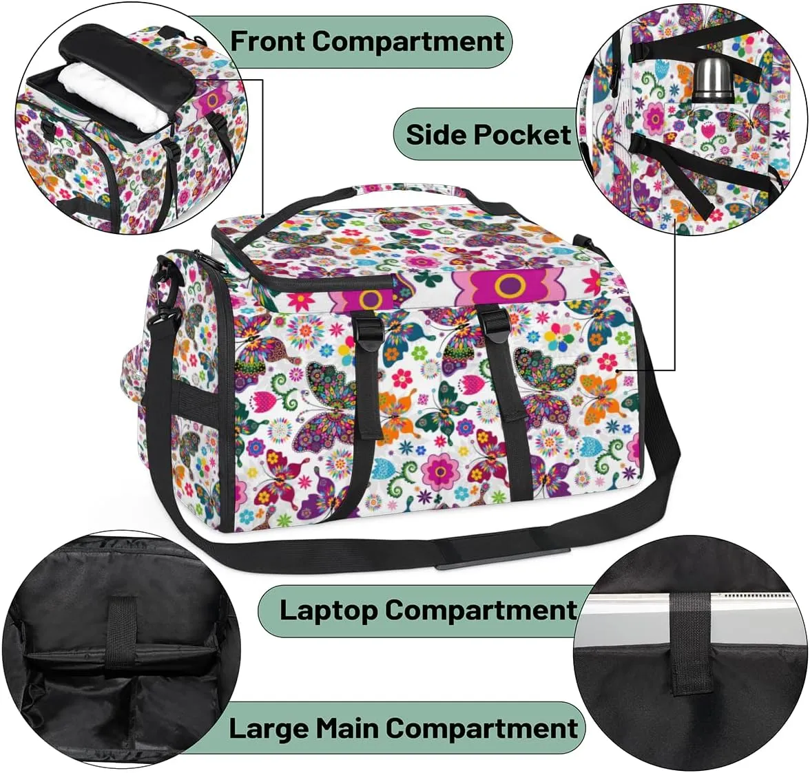 Large Sports Gym Bag With Shoe & Laptop Compartment 47L Waterproof Travel Duffel Bags for Men Women Art Animal Butterfly Luggage Backpack Duffle Bag