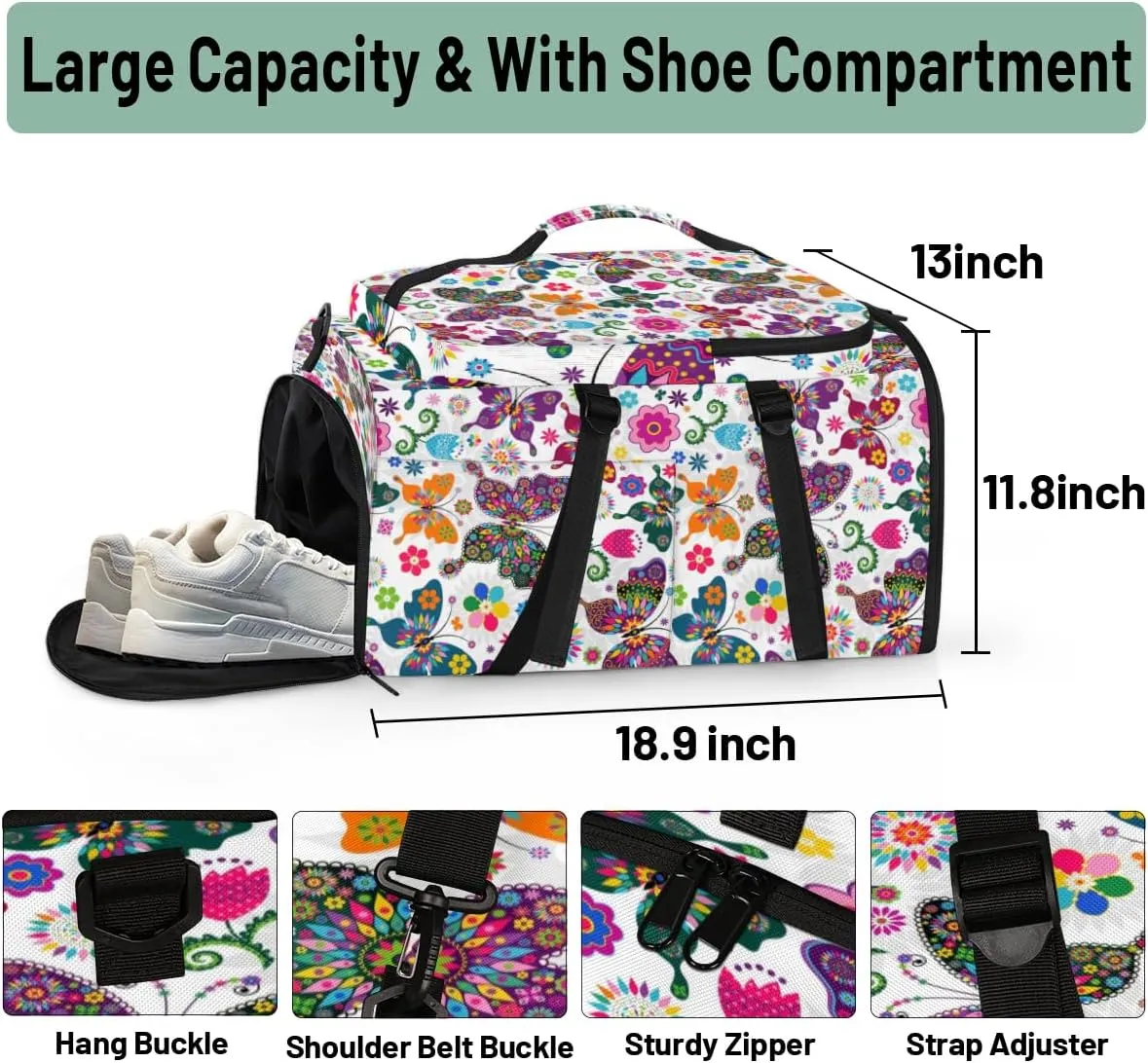 Large Sports Gym Bag With Shoe & Laptop Compartment 47L Waterproof Travel Duffel Bags for Men Women Art Animal Butterfly Luggage Backpack Duffle Bag