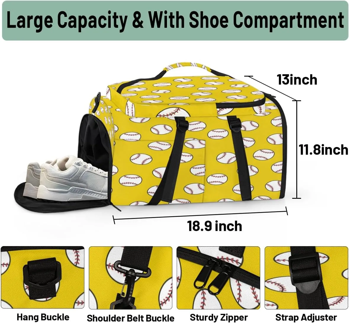 Large Sports Gym Bag With Shoe & Laptop Compartment 47L Waterproof Travel Duffel Bags for Men Women Baseball Doodle Pattern Luggage Backpack Duffle Bag