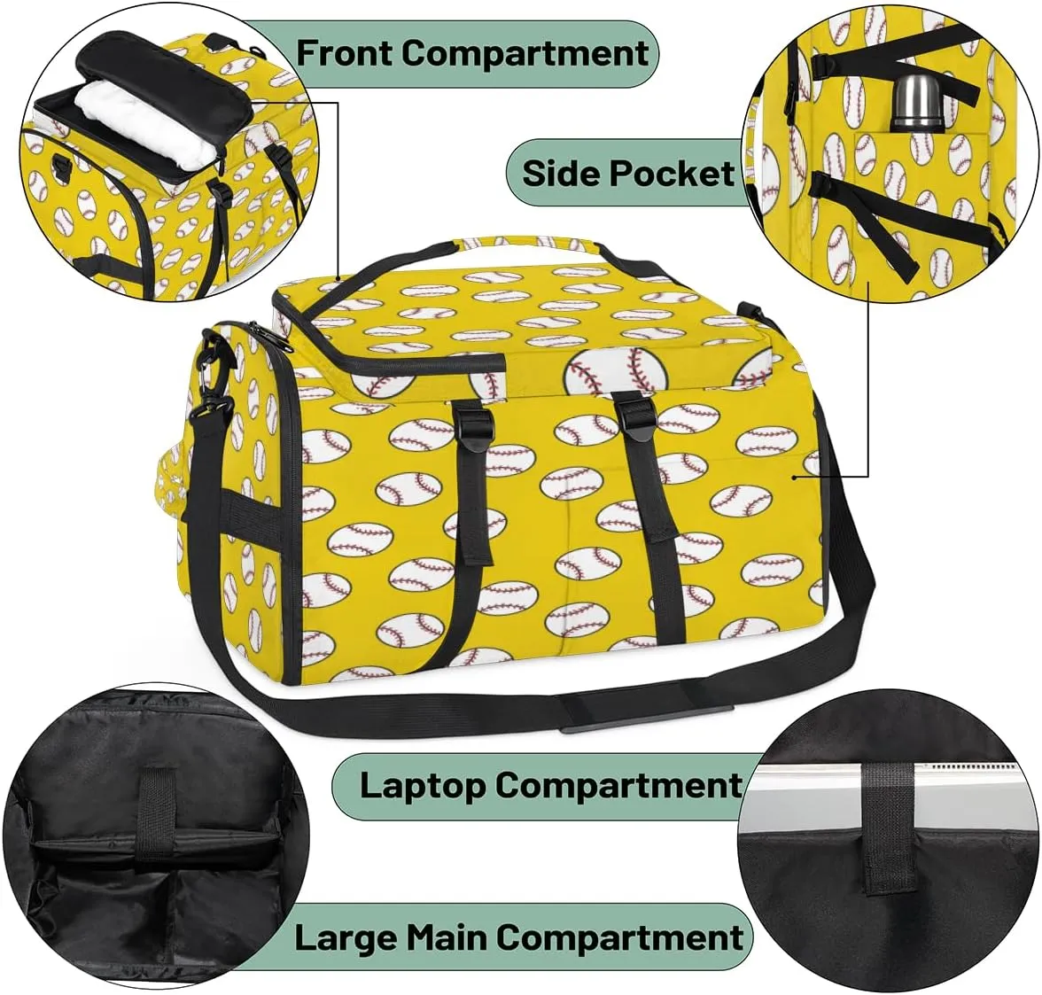 Large Sports Gym Bag With Shoe & Laptop Compartment 47L Waterproof Travel Duffel Bags for Men Women Baseball Doodle Pattern Luggage Backpack Duffle Bag