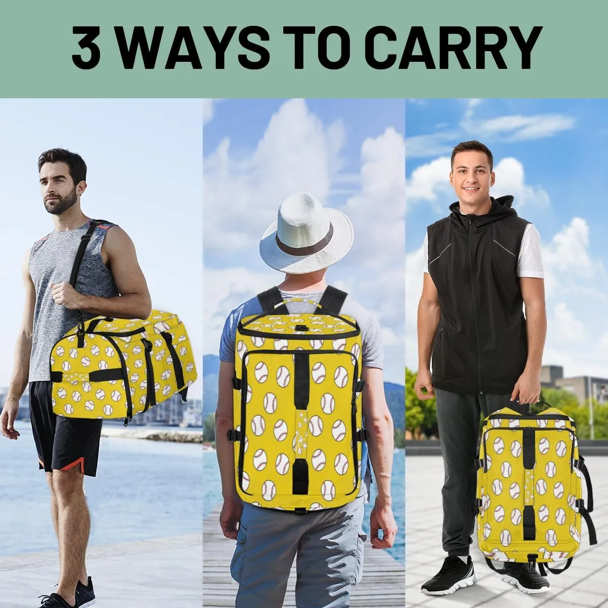 Large Sports Gym Bag With Shoe & Laptop Compartment 47L Waterproof Travel Duffel Bags for Men Women Baseball Doodle Pattern Luggage Backpack Duffle Bag