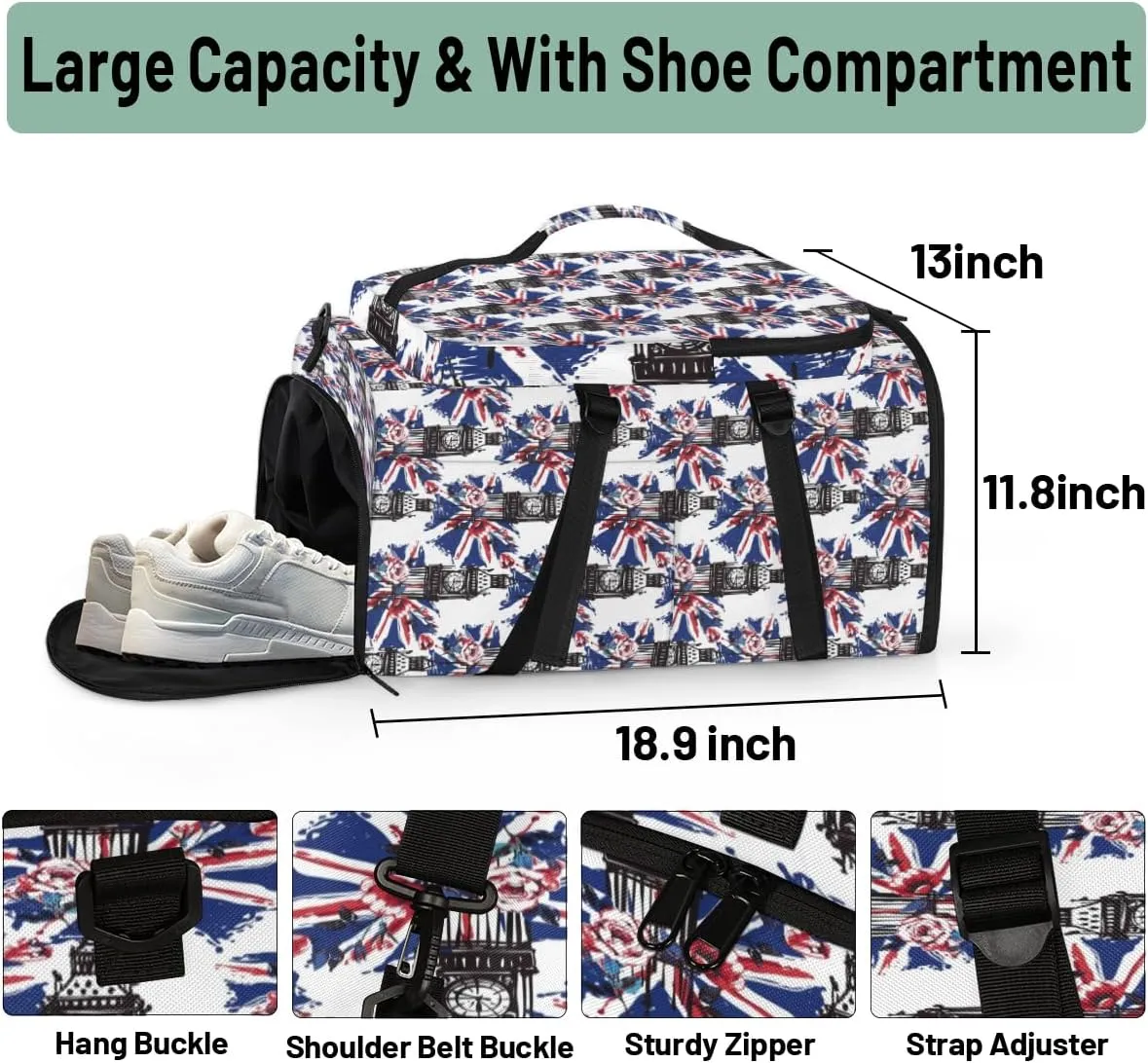 Large Sports Gym Bag With Shoe & Laptop Compartment 47L Waterproof Travel Duffel Bags for Men Women British Flag Luggage Backpack Duffle Bag