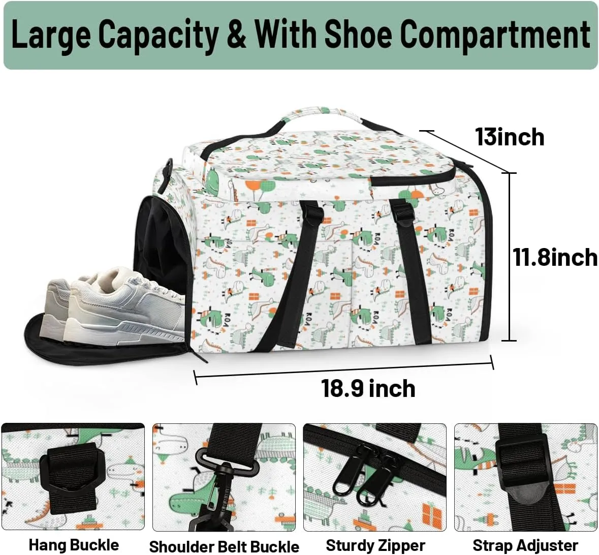 Large Sports Gym Bag With Shoe & Laptop Compartment 47L Waterproof Travel Duffel Bags for Men Women Cute Dinosaur Design Luggage Backpack Duffle Bag