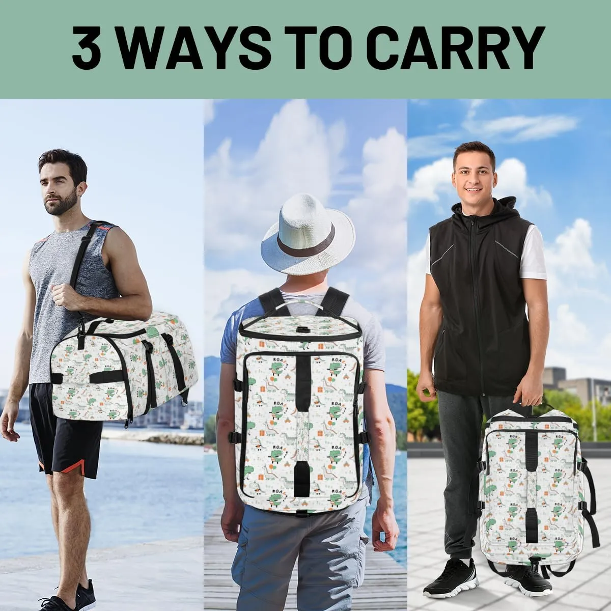 Large Sports Gym Bag With Shoe & Laptop Compartment 47L Waterproof Travel Duffel Bags for Men Women Cute Dinosaur Design Luggage Backpack Duffle Bag