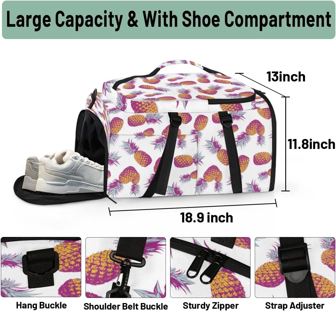 Large Sports Gym Bag With Shoe & Laptop Compartment 47L Waterproof Travel Duffel Bags for Men Women Pineapple Fruit Luggage Backpack Duffle Bag