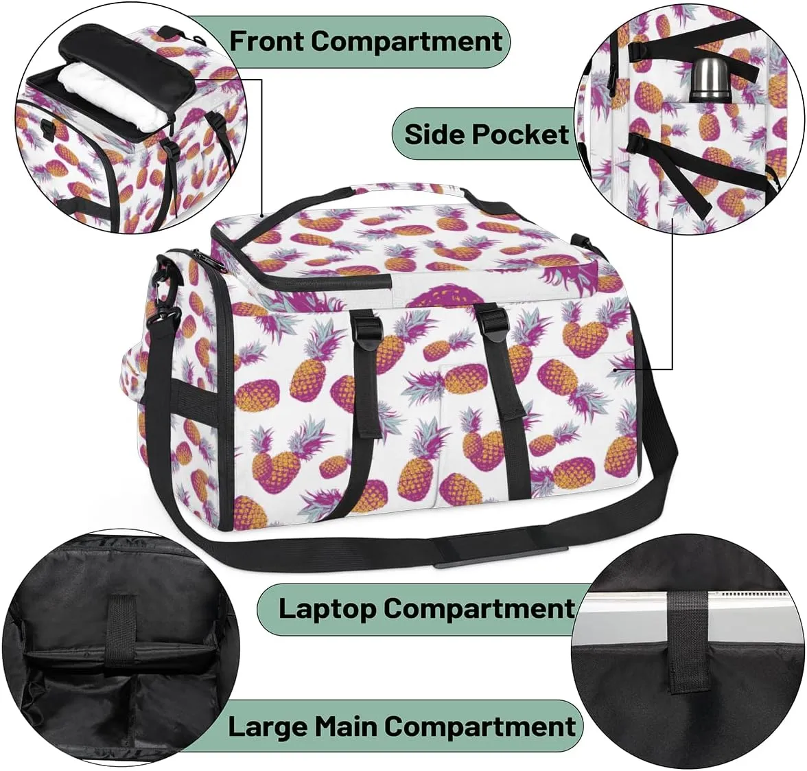 Large Sports Gym Bag With Shoe & Laptop Compartment 47L Waterproof Travel Duffel Bags for Men Women Pineapple Fruit Luggage Backpack Duffle Bag