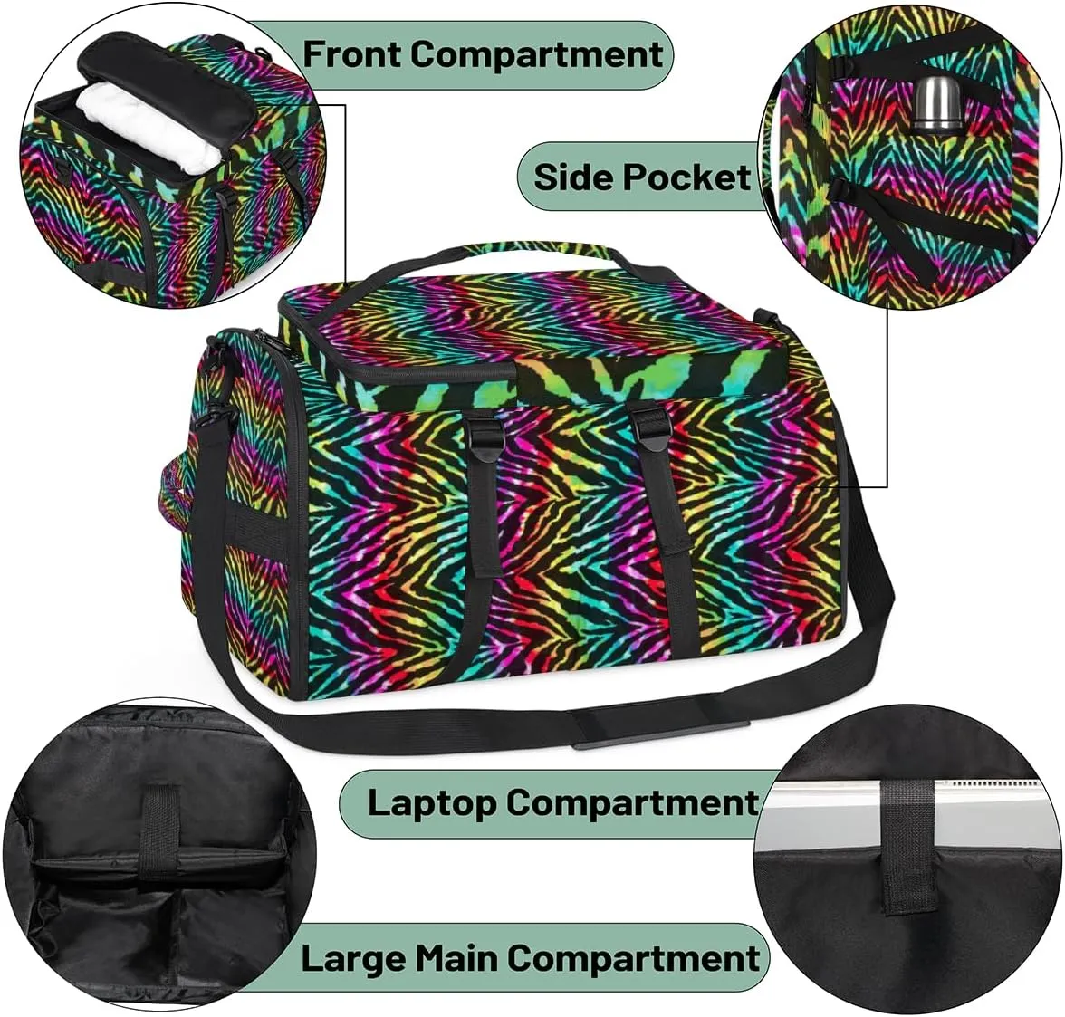 Large Sports Gym Bag With Shoe & Laptop Compartment 47L Waterproof Travel Duffel Bags for Men Women Rainbow Zebra Print Luggage Backpack Duffle Bag