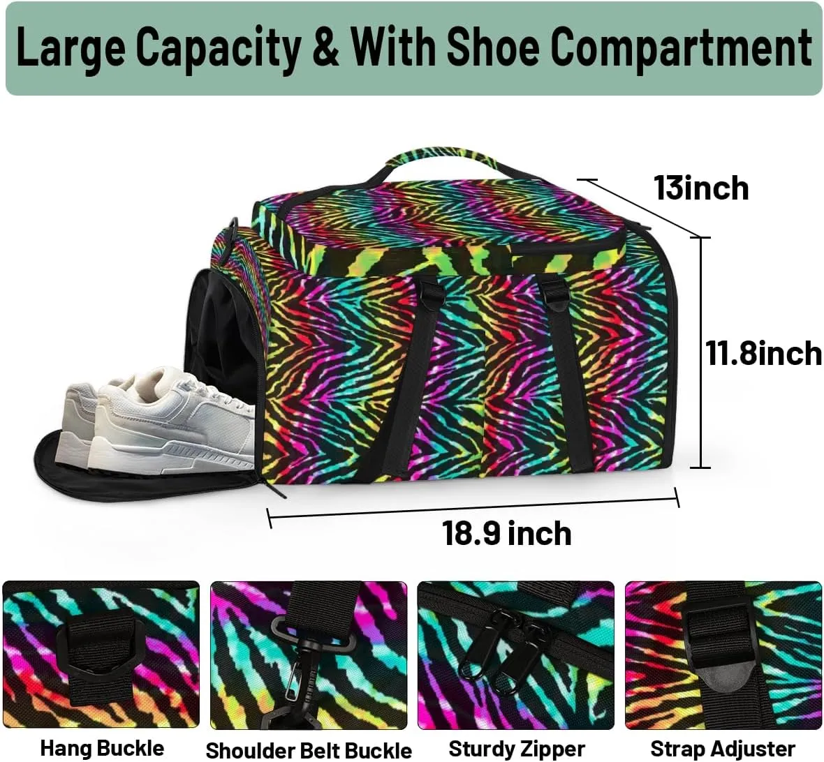 Large Sports Gym Bag With Shoe & Laptop Compartment 47L Waterproof Travel Duffel Bags for Men Women Rainbow Zebra Print Luggage Backpack Duffle Bag