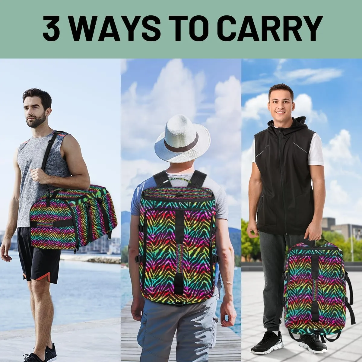 Large Sports Gym Bag With Shoe & Laptop Compartment 47L Waterproof Travel Duffel Bags for Men Women Rainbow Zebra Print Luggage Backpack Duffle Bag