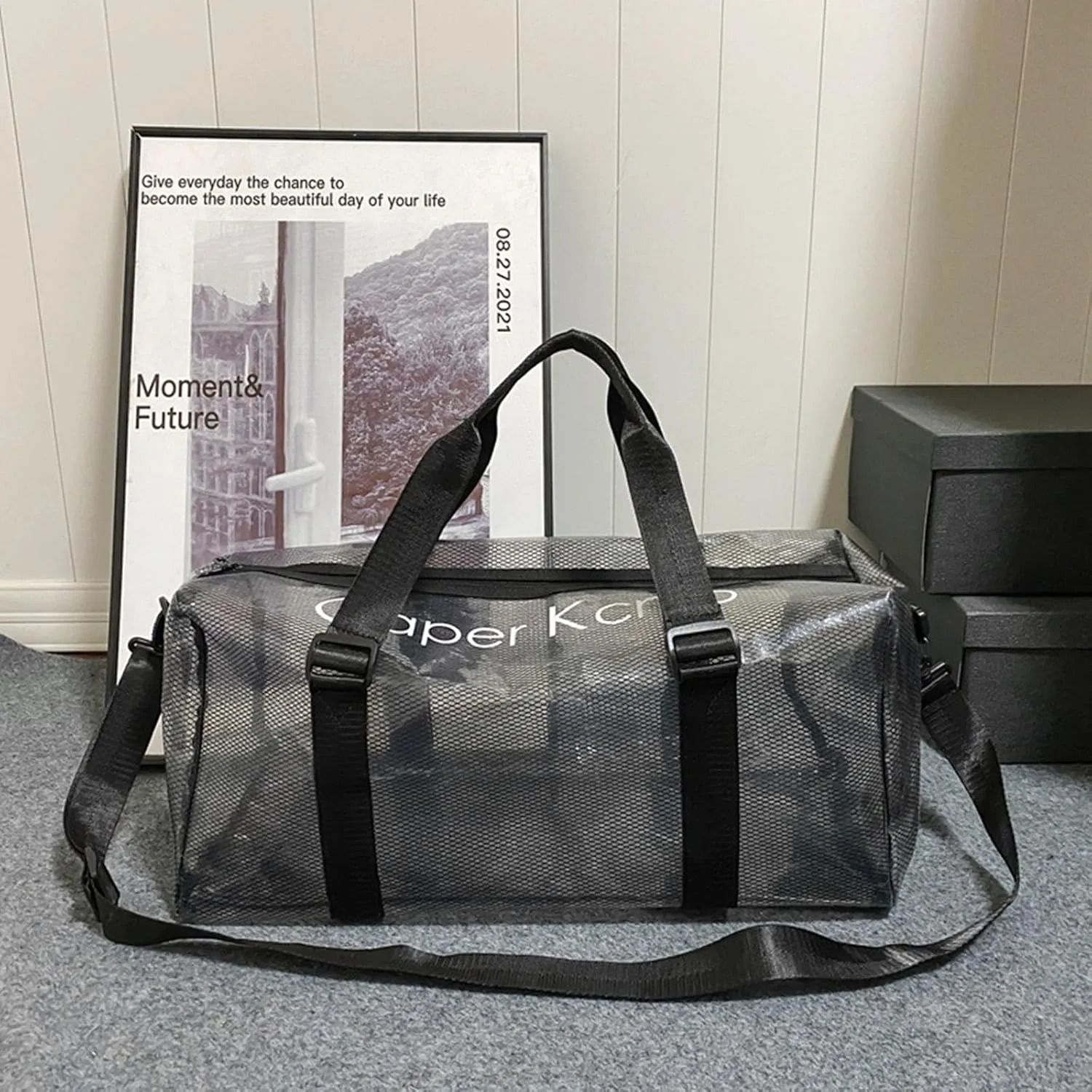 Large Transparent Bag See Through Tote Bag Shoulder Strap Beach Bag Transparent Work Bag Waterproof Travel Bag (Black)