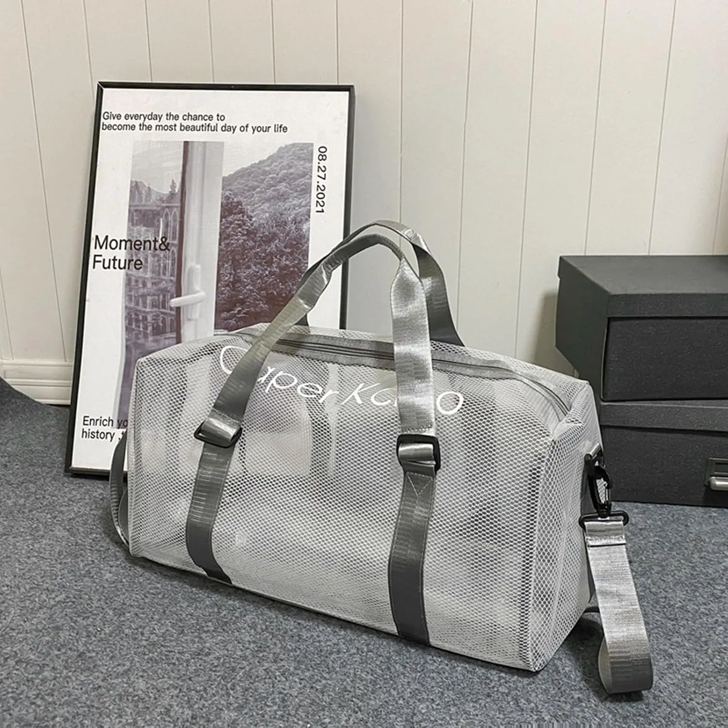 Large Transparent Bag See Through Tote Bag Shoulder Strap Beach Bag Transparent Work Bag Waterproof Travel Bag (Gray)
