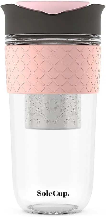 Large Travel Mug Loose Tea Infuser - Detachable Tea Strainer with Spill Proof Lid - 18oz/530ml BPA-Free Reusable Glass Travel Coffee Cup with Silicone Band (Pink) (Grey and Pink)