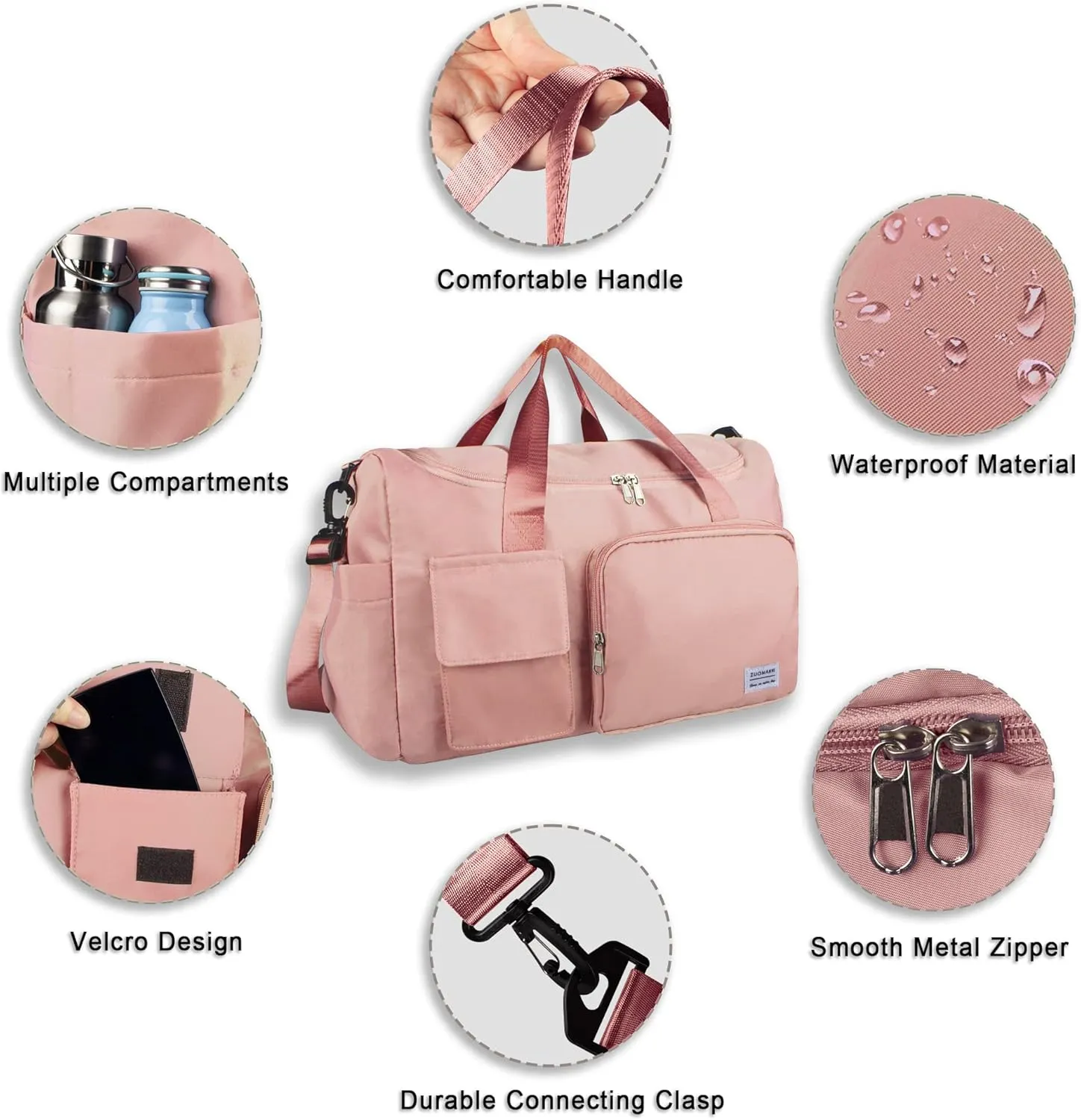 Large Weekender Overnight Bag with Shoes Compartment, Personal Tote for Women or Men, Waterproof Carry-on with Clear Cosmetic & Shoe Bags, 3Pcs Set (Pink)