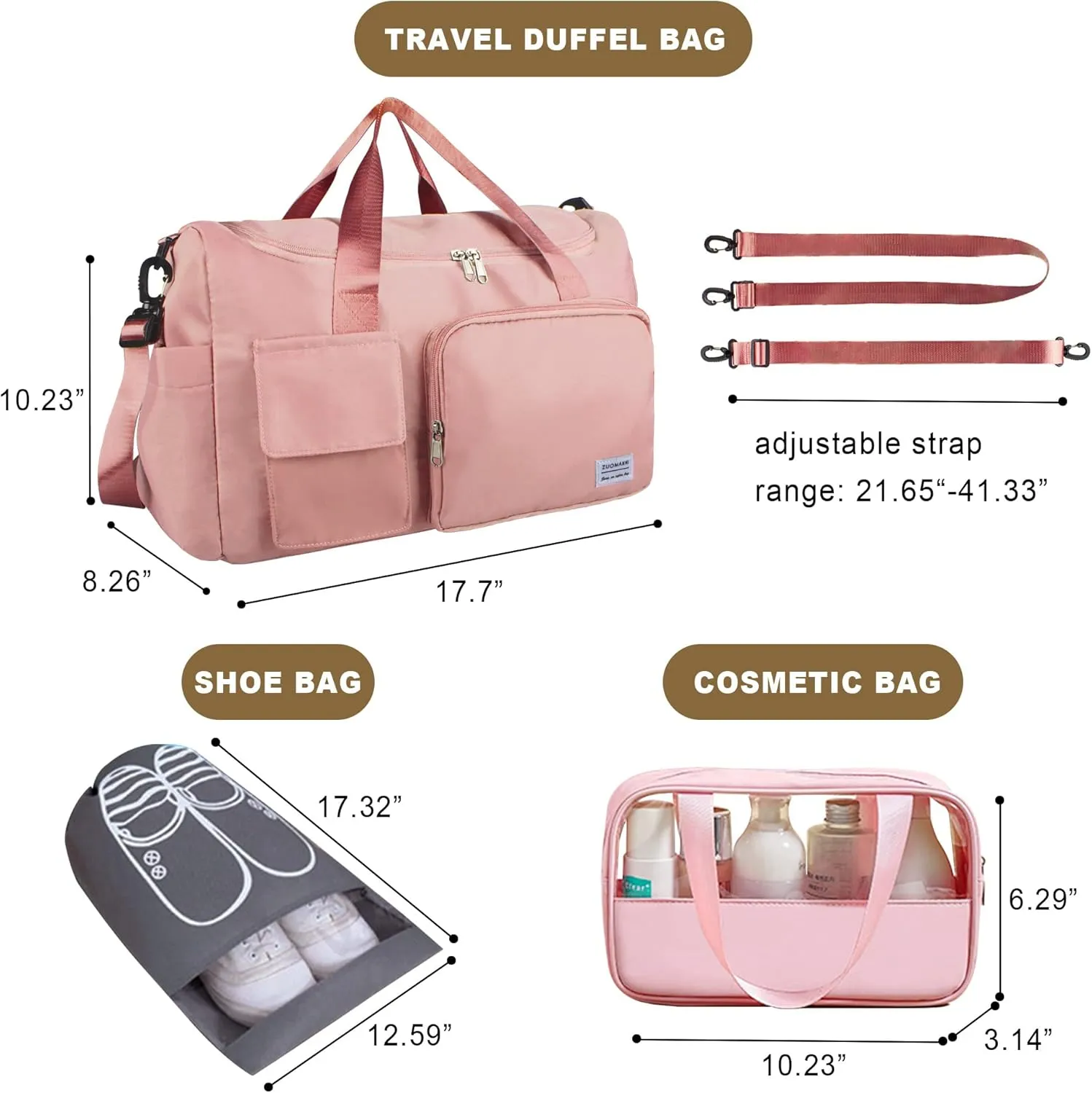 Large Weekender Overnight Bag with Shoes Compartment, Personal Tote for Women or Men, Waterproof Carry-on with Clear Cosmetic & Shoe Bags, 3Pcs Set (Pink)