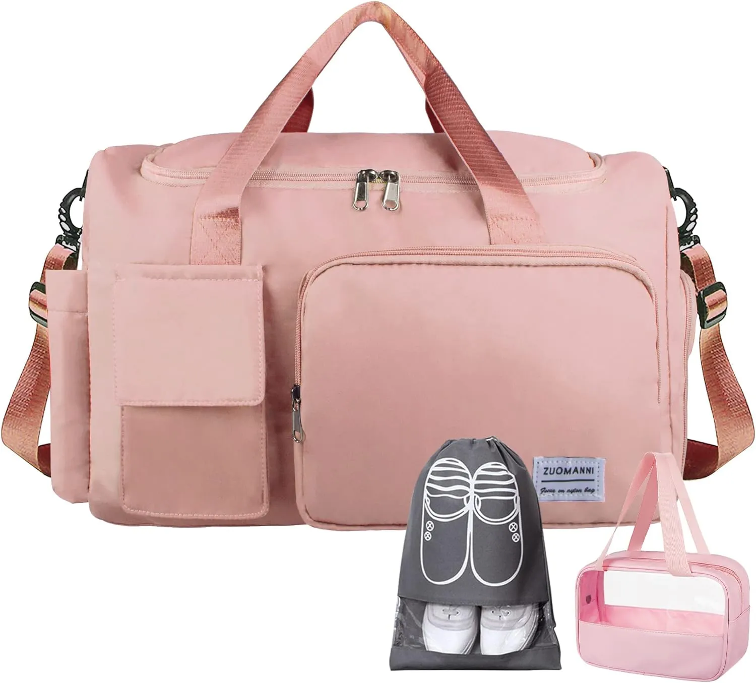 Large Weekender Overnight Bag with Shoes Compartment, Personal Tote for Women or Men, Waterproof Carry-on with Clear Cosmetic & Shoe Bags, 3Pcs Set (Pink)