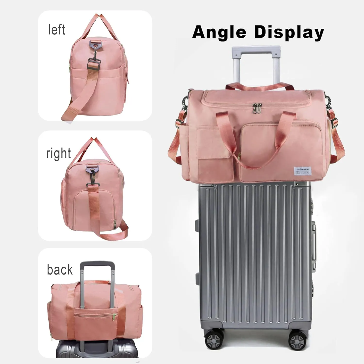 Large Weekender Overnight Bag with Shoes Compartment, Personal Tote for Women or Men, Waterproof Carry-on with Clear Cosmetic & Shoe Bags, 3Pcs Set (Pink)