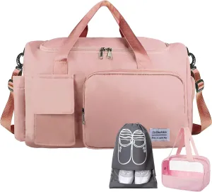 Large Weekender Overnight Bag with Shoes Compartment, Personal Tote for Women or Men, Waterproof Carry-on with Clear Cosmetic & Shoe Bags, 3Pcs Set (Pink)