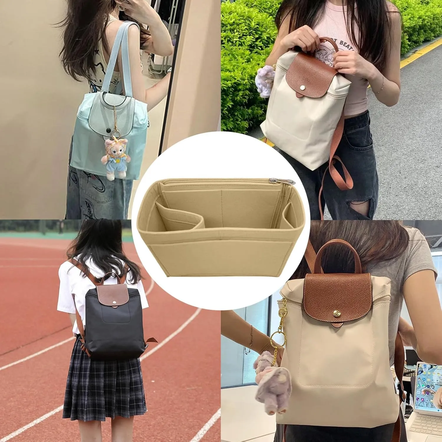 Lckaey Bag Organizer for Le Pliage Backpack - Felt Knapsack Purse Insert - Y083-Khaki