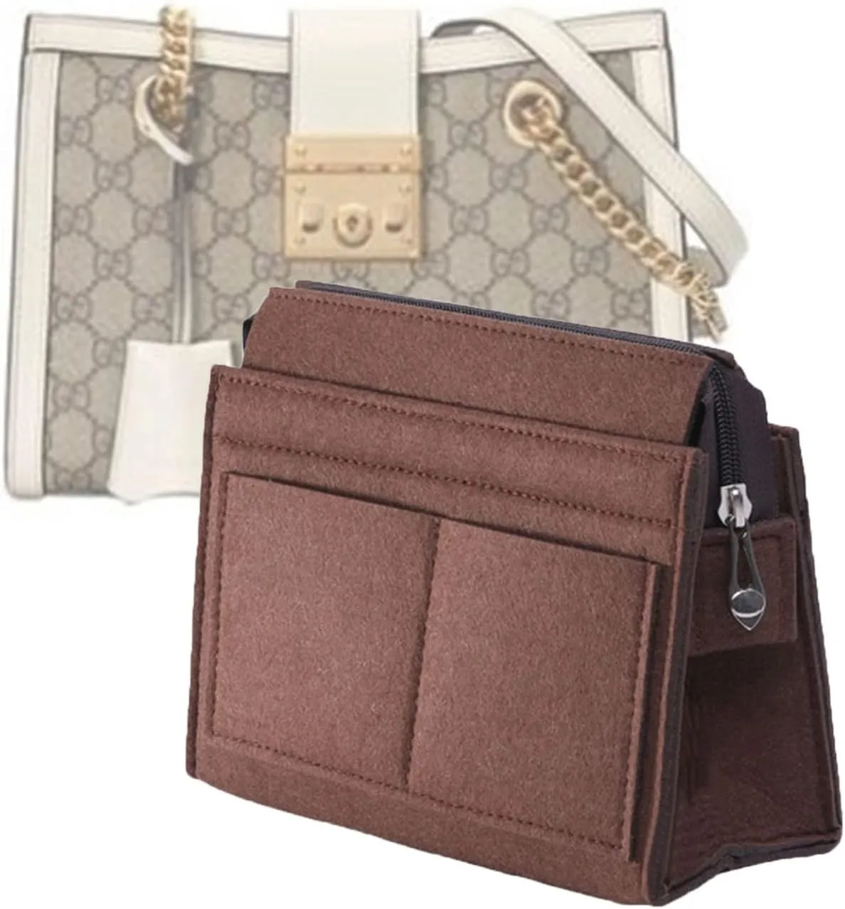 Lckaey Felt Purse Organizer Insert, Brown, 28(L)x10(W)x17(H)cm, 7 Compartments, Lightweight, Unisex