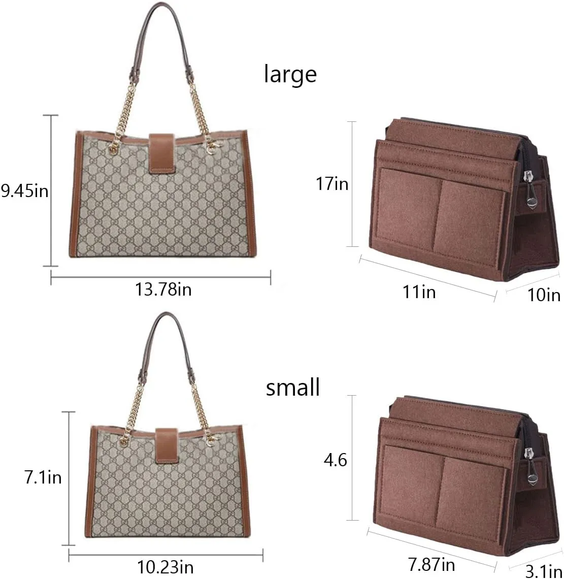 Lckaey Felt Purse Organizer Insert, Brown, 28(L)x10(W)x17(H)cm, 7 Compartments, Lightweight, Unisex