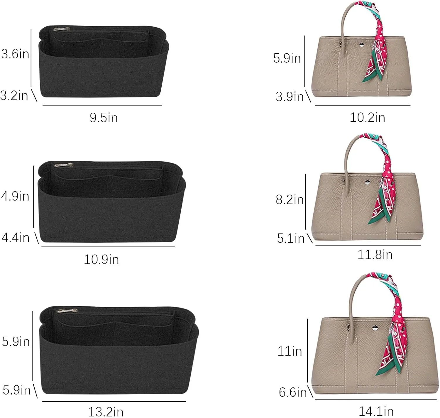 Lckaey Purse tote bag organizer for hermes garden party36 Handbag Felt insert Y085black-L