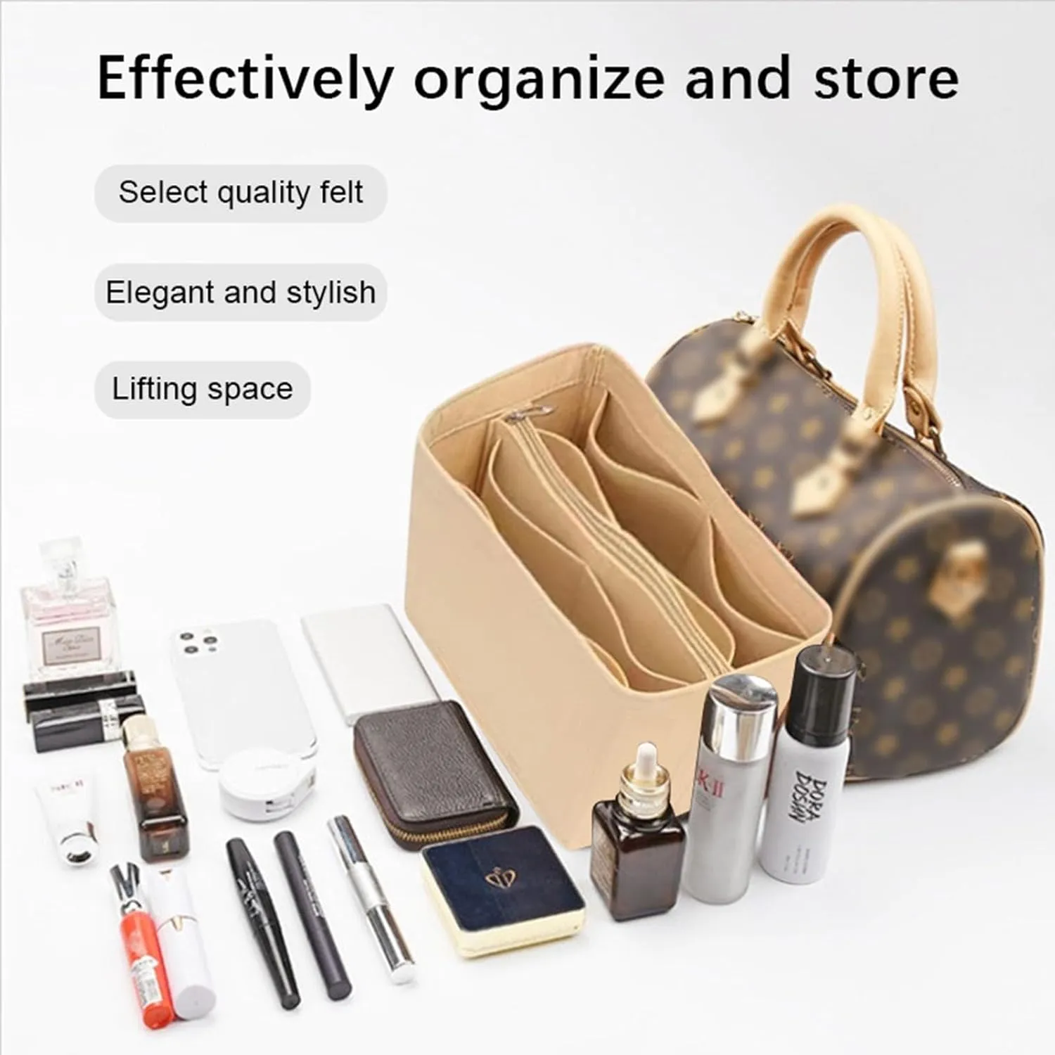 Lckaey tote bag organizer for Speedy 25 HandBag protective insert Tote Bag and hand bag insert Y095Khaki-M