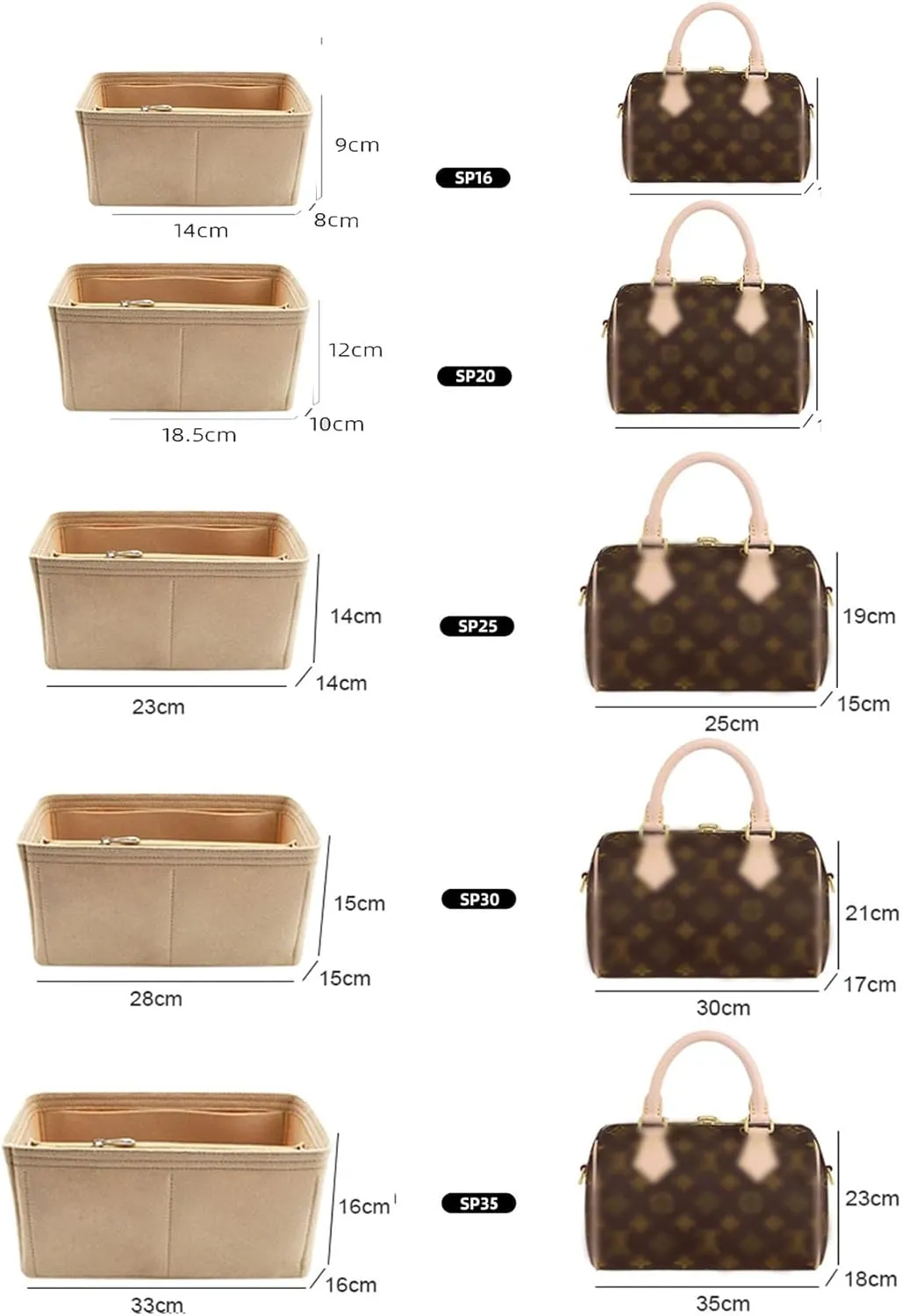 Lckaey tote bag organizer for Speedy 25 HandBag protective insert Tote Bag and hand bag insert Y095Khaki-M