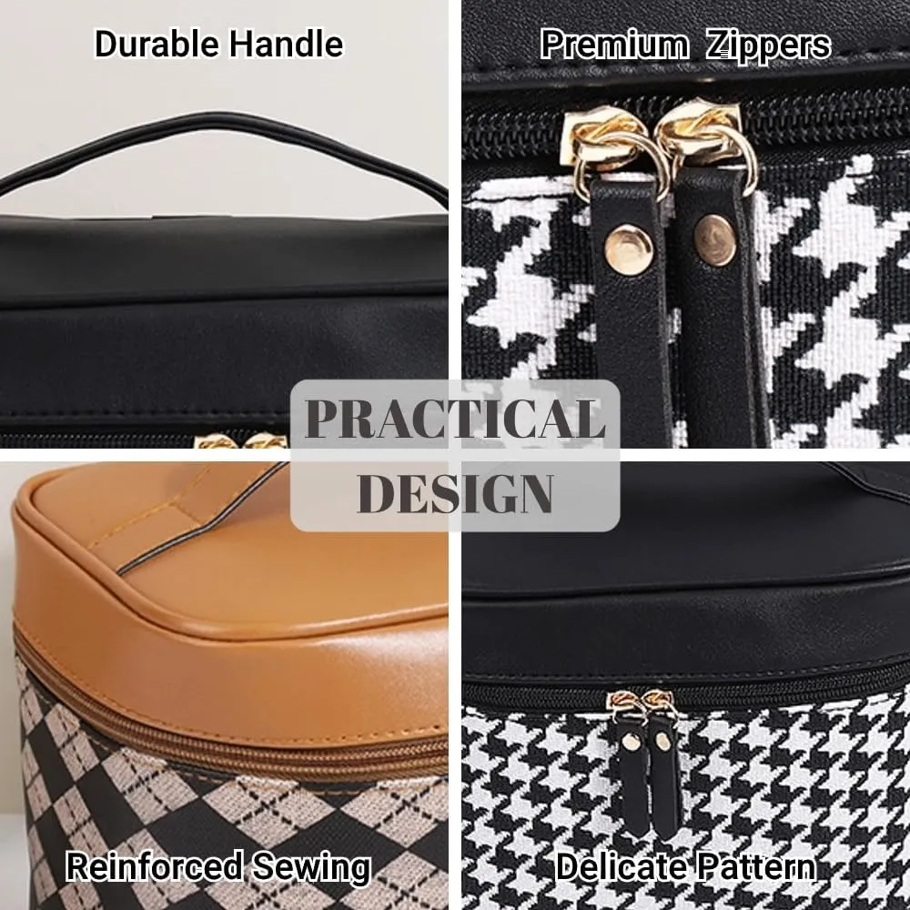 Leather Makeup Bag Travel Toiletry Bag Women Cute Waterproof Cosmetic Case Portable Hanging Organizer for Essentials Brushes (Black Argyle)
