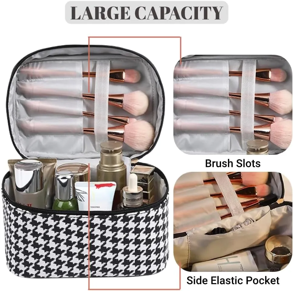 Leather Makeup Bag Travel Toiletry Bag Women Cute Waterproof Cosmetic Case Portable Hanging Organizer for Essentials Brushes (Black Argyle)