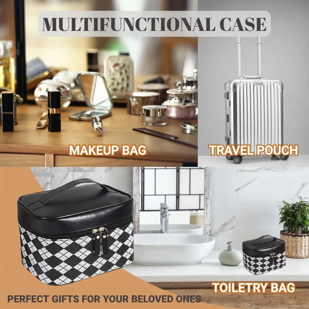 Leather Makeup Bag Travel Toiletry Bag Women Cute Waterproof Cosmetic Case Portable Hanging Organizer for Essentials Brushes (Black Argyle)