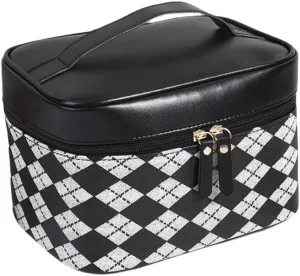 Leather Makeup Bag Travel Toiletry Bag Women Cute Waterproof Cosmetic Case Portable Hanging Organizer for Essentials Brushes (Black Argyle)