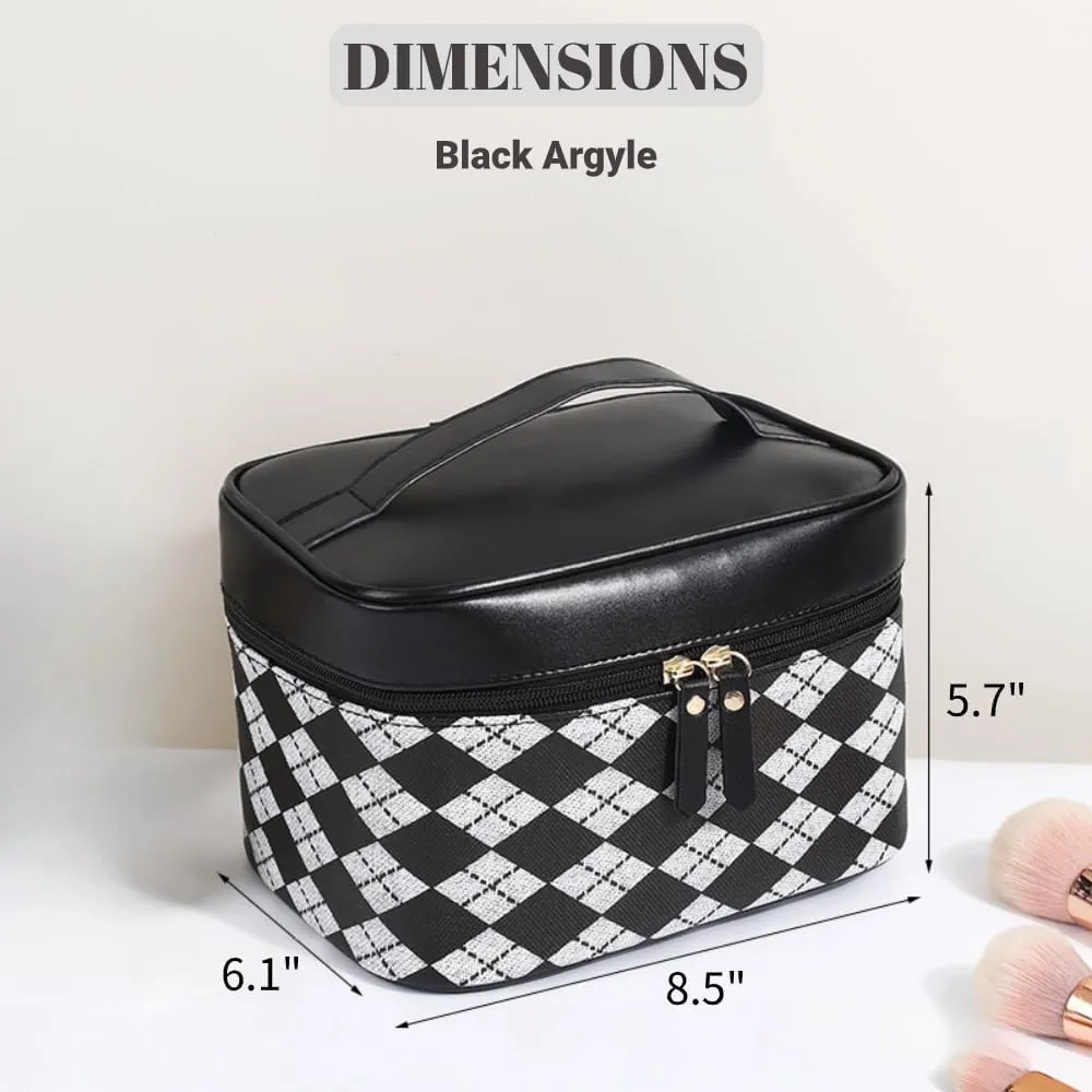 Leather Makeup Bag Travel Toiletry Bag Women Cute Waterproof Cosmetic Case Portable Hanging Organizer for Essentials Brushes (Black Argyle)
