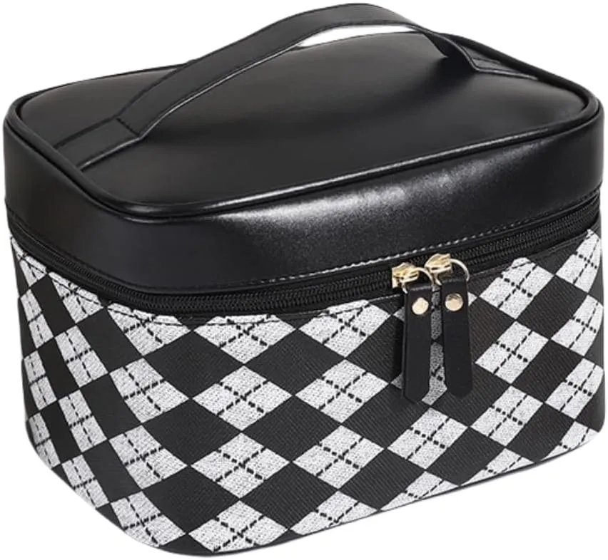 Leather Makeup Bag Travel Toiletry Bag Women Cute Waterproof Cosmetic Case Portable Hanging Organizer for Essentials Brushes (Black Argyle)
