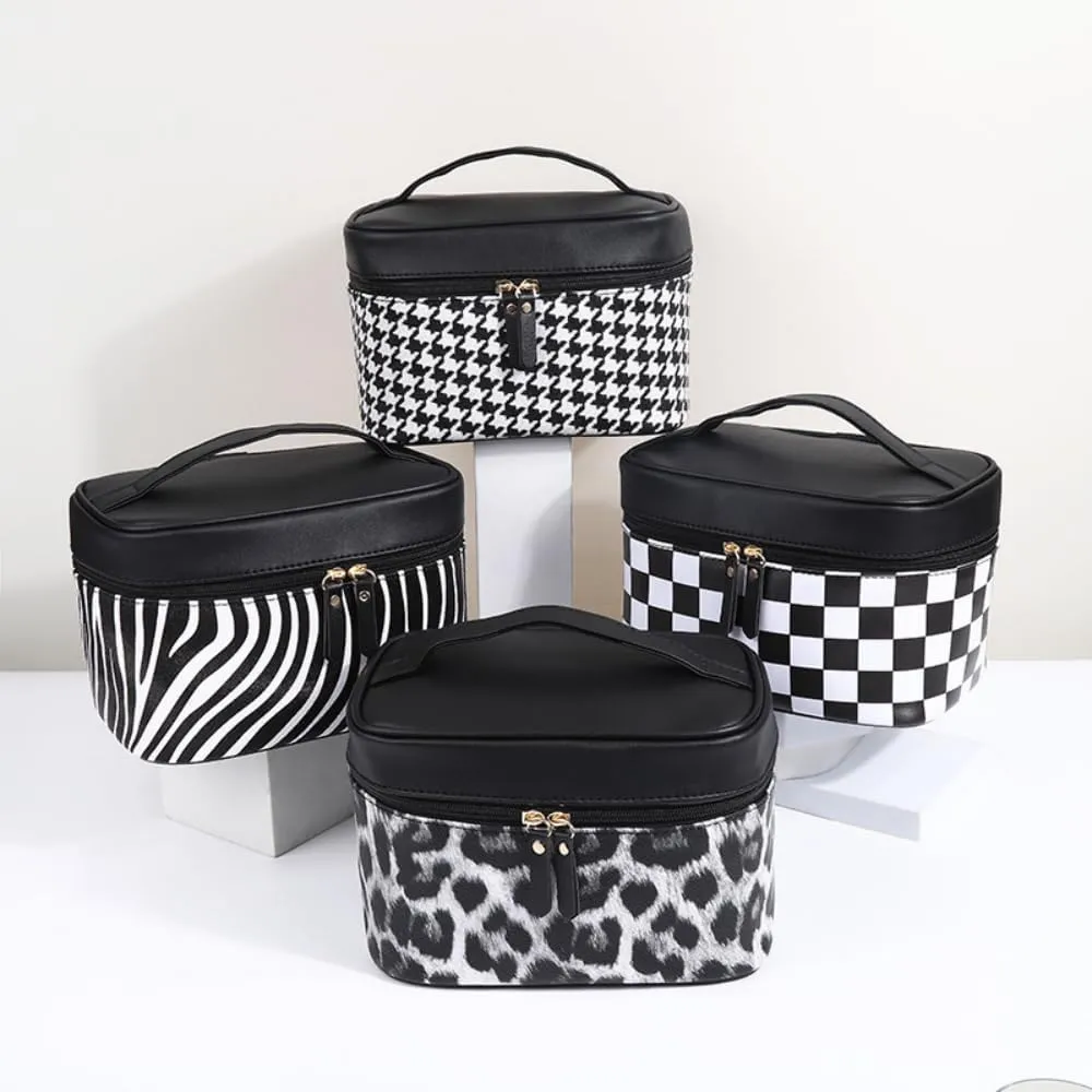 Leather Makeup Bag Travel Toiletry Bag Women Cute Waterproof Cosmetic Case Portable Hanging Organizer for Essentials Brushes (Zebra Stripe)