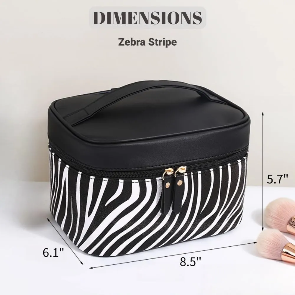 Leather Makeup Bag Travel Toiletry Bag Women Cute Waterproof Cosmetic Case Portable Hanging Organizer for Essentials Brushes (Zebra Stripe)