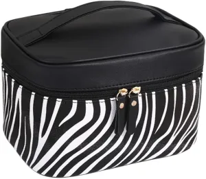 Leather Makeup Bag Travel Toiletry Bag Women Cute Waterproof Cosmetic Case Portable Hanging Organizer for Essentials Brushes (Zebra Stripe)