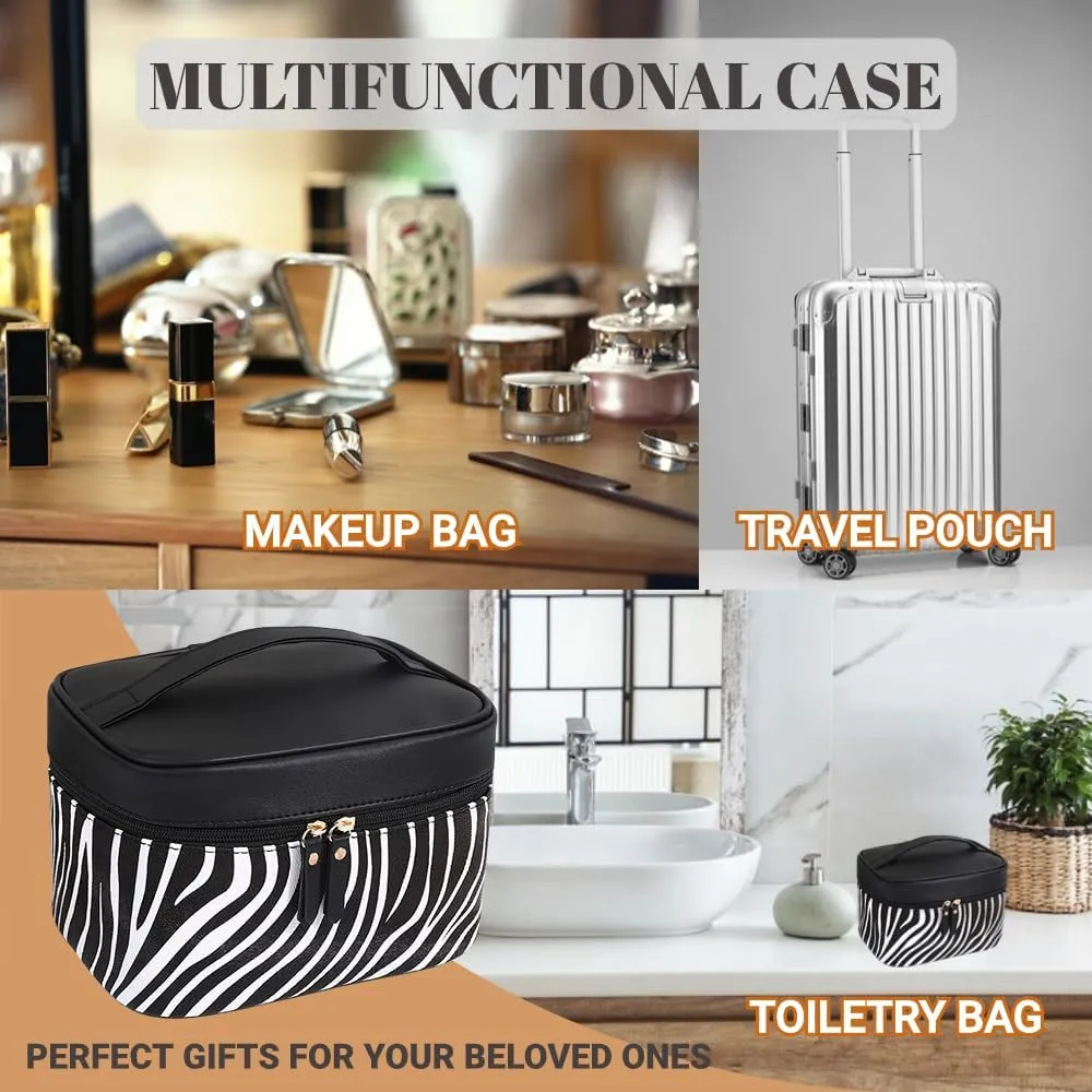 Leather Makeup Bag Travel Toiletry Bag Women Cute Waterproof Cosmetic Case Portable Hanging Organizer for Essentials Brushes (Zebra Stripe)