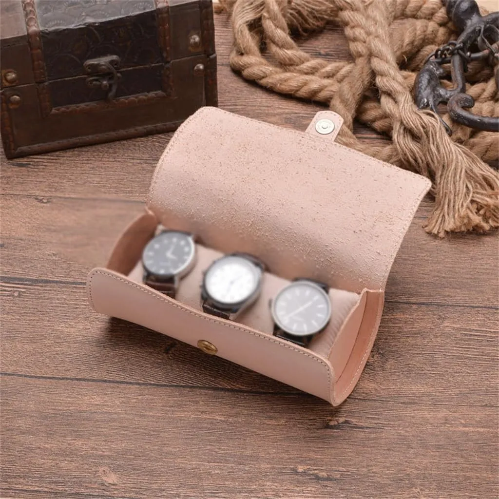 Leather Watch Case With Three Round Buckle Detachable Portable Watch Storage Box