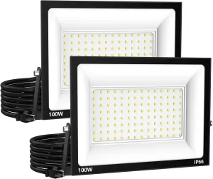 LED Flood Light Outdoor for Yard Work,100W 10000lm Super Bright LED Work Light with US Plug,6500K Daylight White Floodlight,IP66 Waterproof Security Floodlights for Garage Gardens Stadium Pats-2 Pack