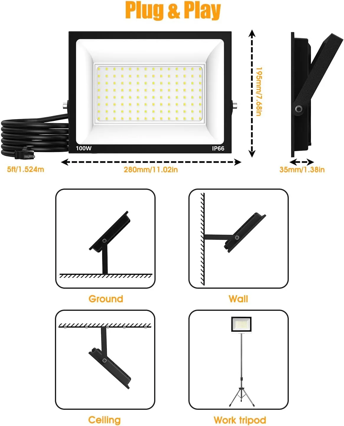 LED Flood Light Outdoor for Yard Work,100W 10000lm Super Bright LED Work Light with US Plug,6500K Daylight White Floodlight,IP66 Waterproof Security Floodlights for Garage Gardens Stadium Pats-2 Pack