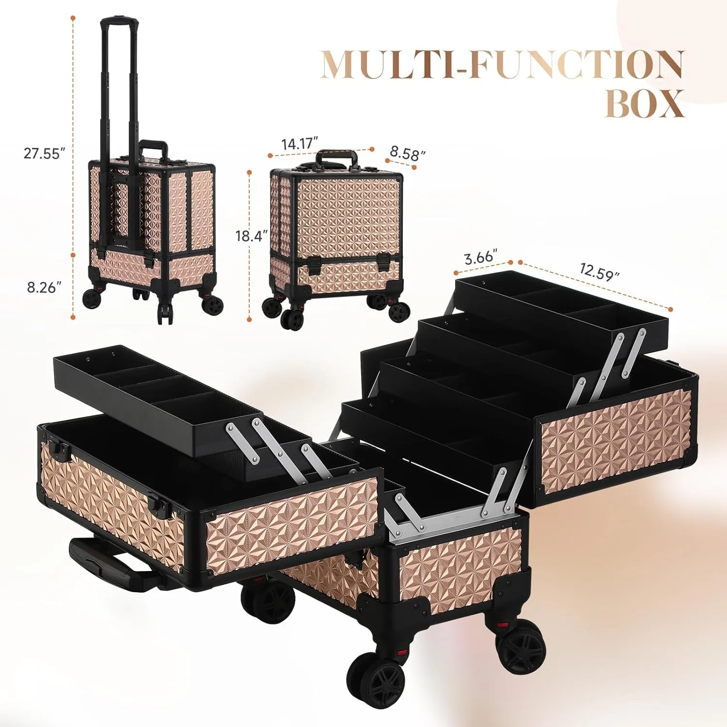 Leeora&Leekoo High-Capacity Multilayer Portable Nail Case for Nail Tech Organizer with Wheels - Lockable Makeup Case Organizer, Cosmetic Case, Makeup Train Case (rose gold)