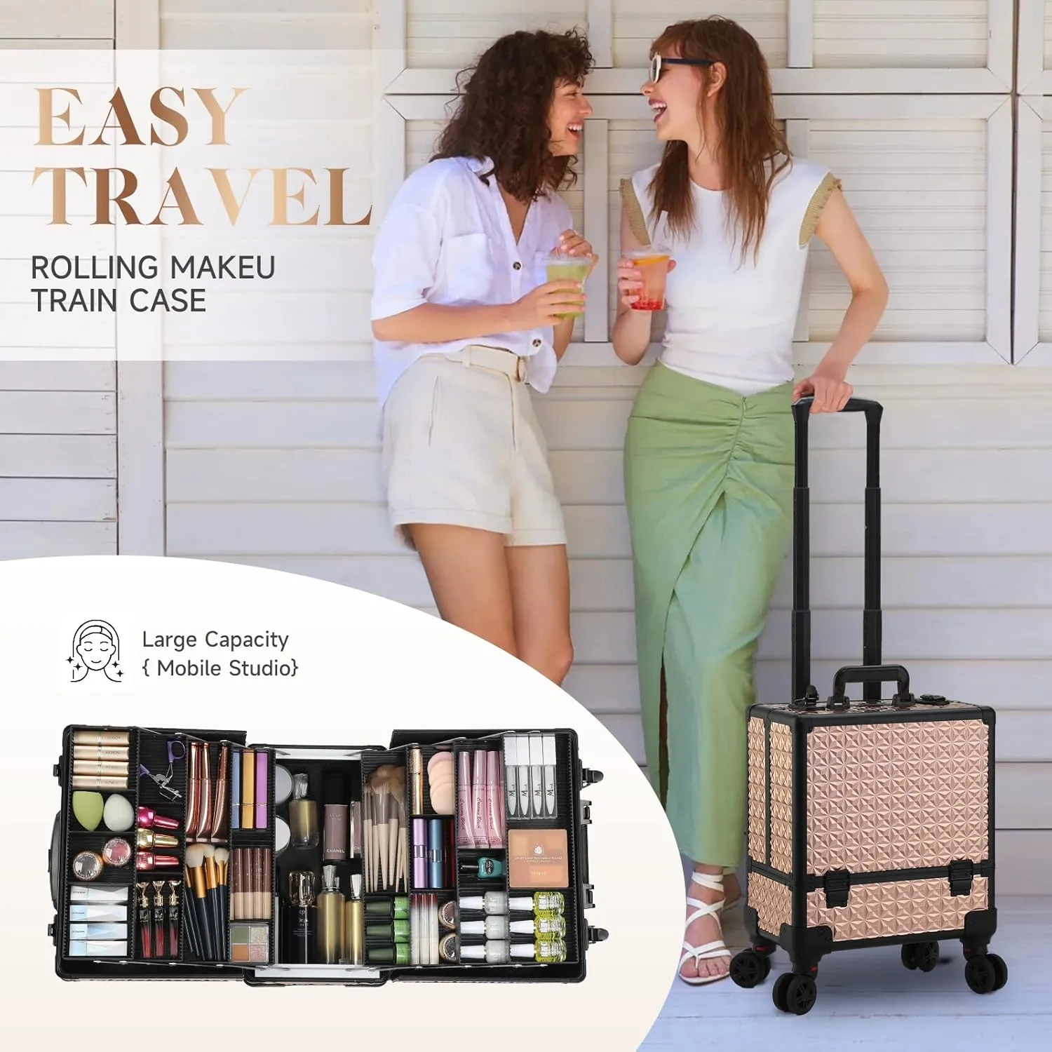 Leeora&Leekoo High-Capacity Multilayer Portable Nail Case for Nail Tech Organizer with Wheels - Lockable Makeup Case Organizer, Cosmetic Case, Makeup Train Case (rose gold)