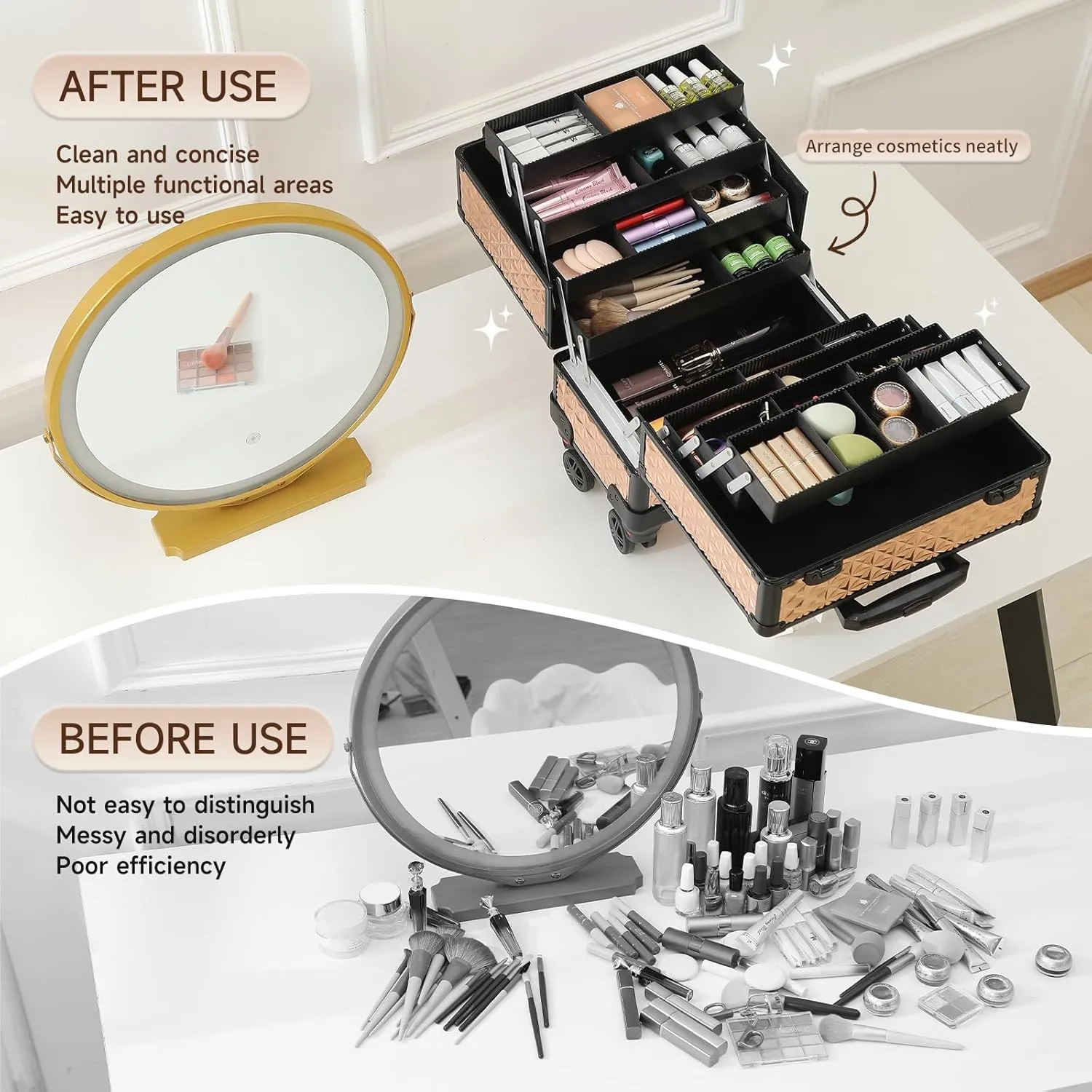 Leeora&Leekoo High-Capacity Multilayer Portable Nail Case for Nail Tech Organizer with Wheels - Lockable Makeup Case Organizer, Cosmetic Case, Makeup Train Case (rose gold)